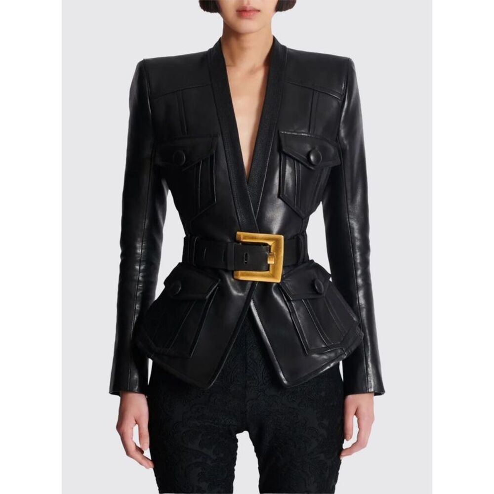 Balmain Women Balmain Cropped Lamb Leather Jacket With Belt And Padded Shoulders